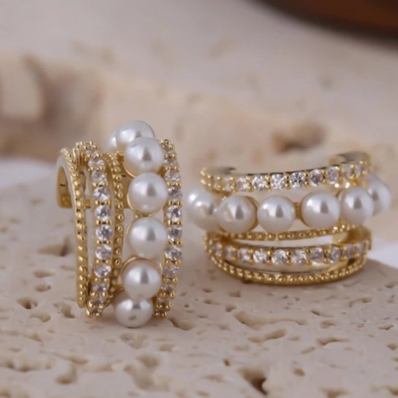 Jewelry - NEW 18K Gold Plated Pearl Diamond Hoop Earrings